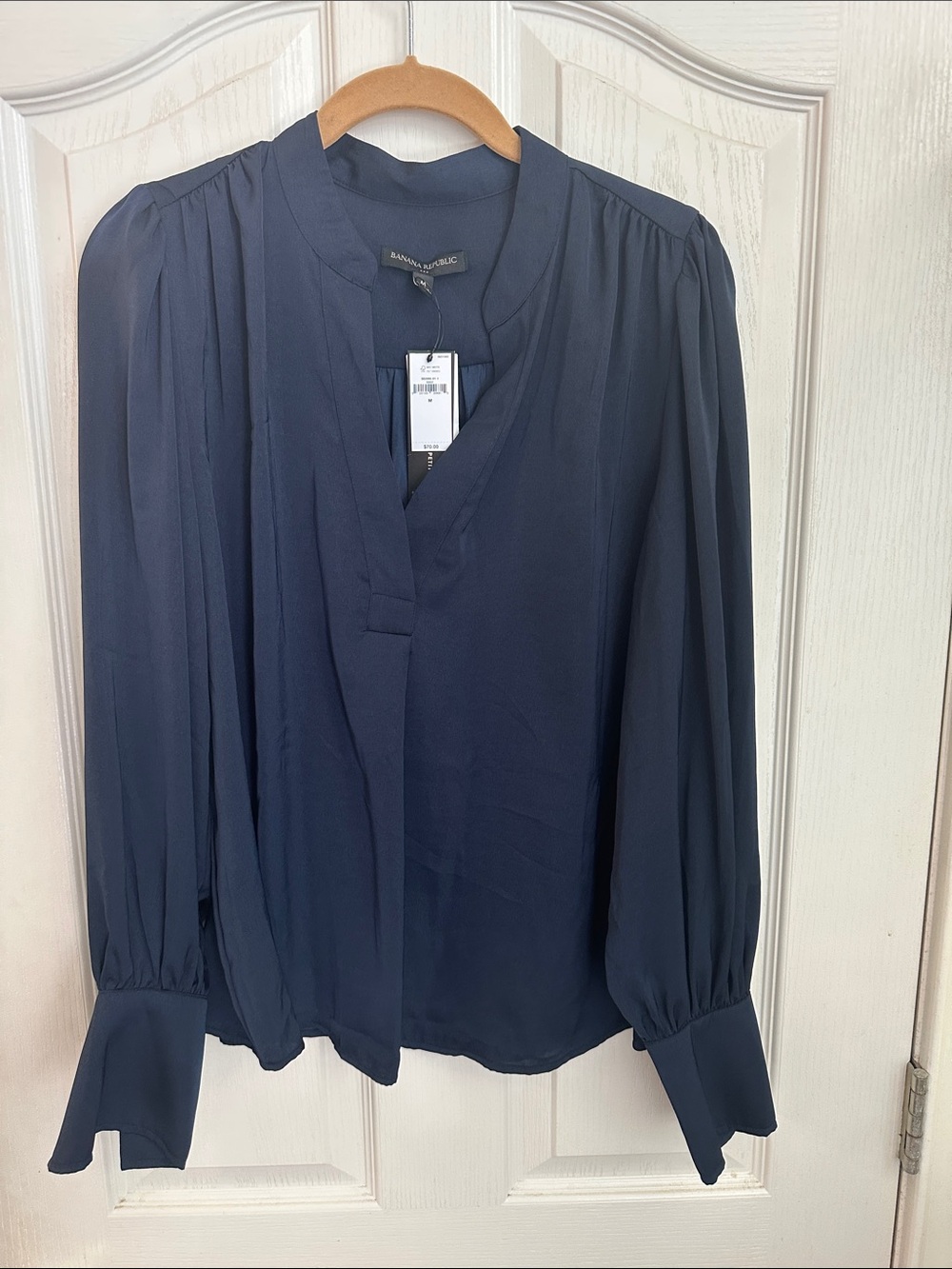Banana Republic Navy Pleated V-Neck Long-Sleeve Blouse
